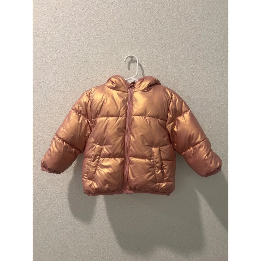 Swiss Tech Baby Girls Metallic Rose Gold Hooded Puffer Jacket Sherpa Lined 12M